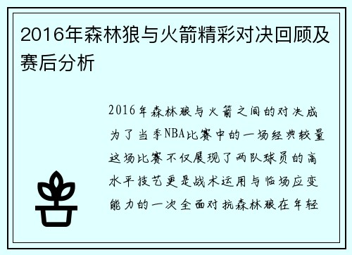 2016年森林狼与火箭精彩对决回顾及赛后分析
