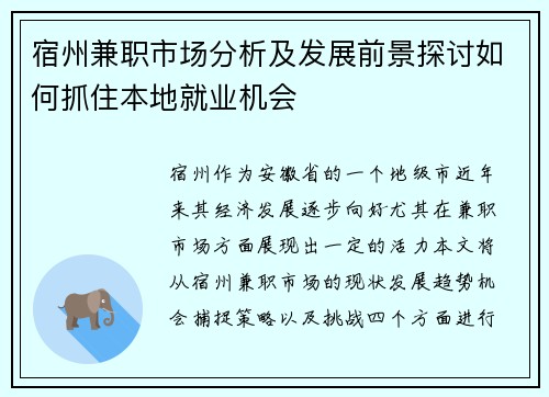 宿州兼职市场分析及发展前景探讨如何抓住本地就业机会