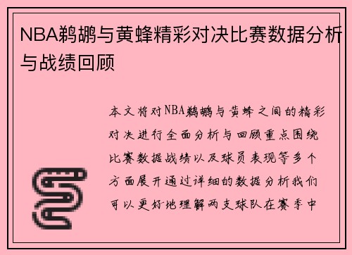 NBA鹈鹕与黄蜂精彩对决比赛数据分析与战绩回顾