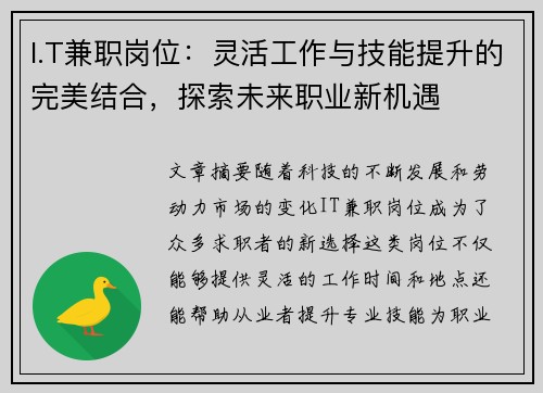 I.T兼职岗位：灵活工作与技能提升的完美结合，探索未来职业新机遇