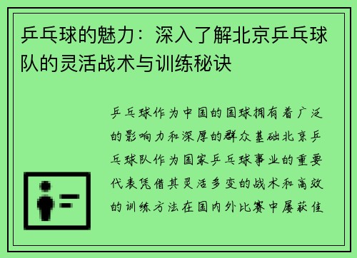 乒乓球的魅力：深入了解北京乒乓球队的灵活战术与训练秘诀