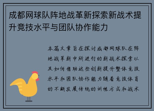成都网球队阵地战革新探索新战术提升竞技水平与团队协作能力