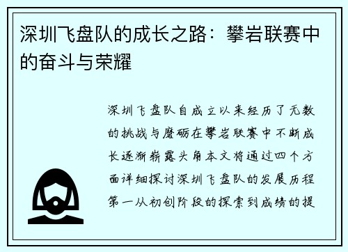 深圳飞盘队的成长之路：攀岩联赛中的奋斗与荣耀
