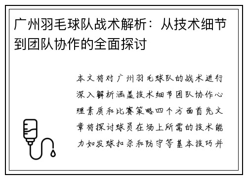 广州羽毛球队战术解析：从技术细节到团队协作的全面探讨