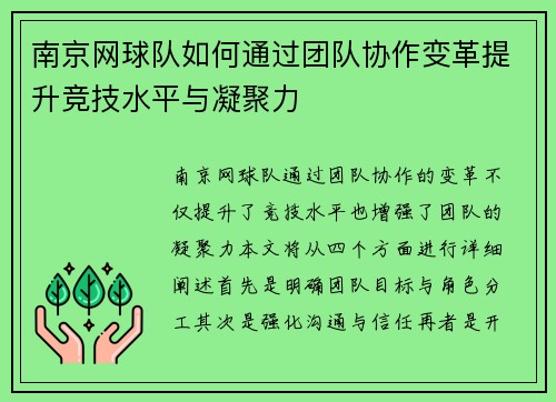 南京网球队如何通过团队协作变革提升竞技水平与凝聚力