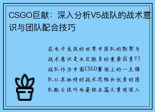 CSGO巨献：深入分析V5战队的战术意识与团队配合技巧