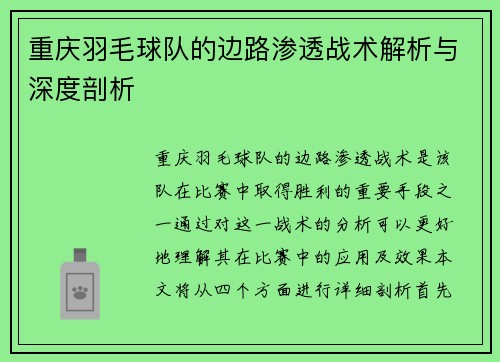 重庆羽毛球队的边路渗透战术解析与深度剖析