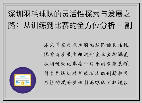 深圳羽毛球队的灵活性探索与发展之路：从训练到比赛的全方位分析 - 副本